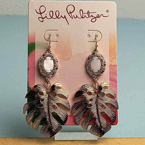 Lilly Pulitzer Statement Earrings Montera Banana Leaf Gold Metallic Statement - Picture 1 of 4